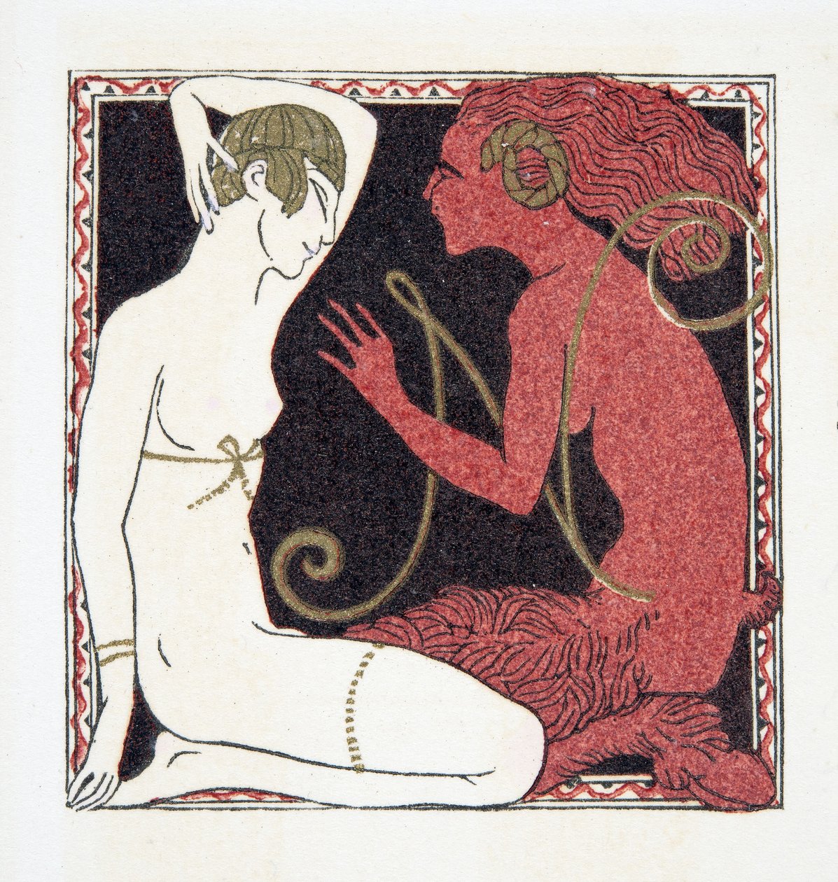 Kirjain N, Personages de Comedie, pub. 1922 (stensiiliprintti) tekijältä Francois Louis Schmied