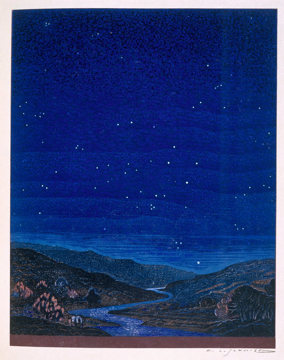 Yömaisema, kuvitus Rudyard Kiplingin teoksesta "Kim", 1930 tekijältä Francois Louis Schmied