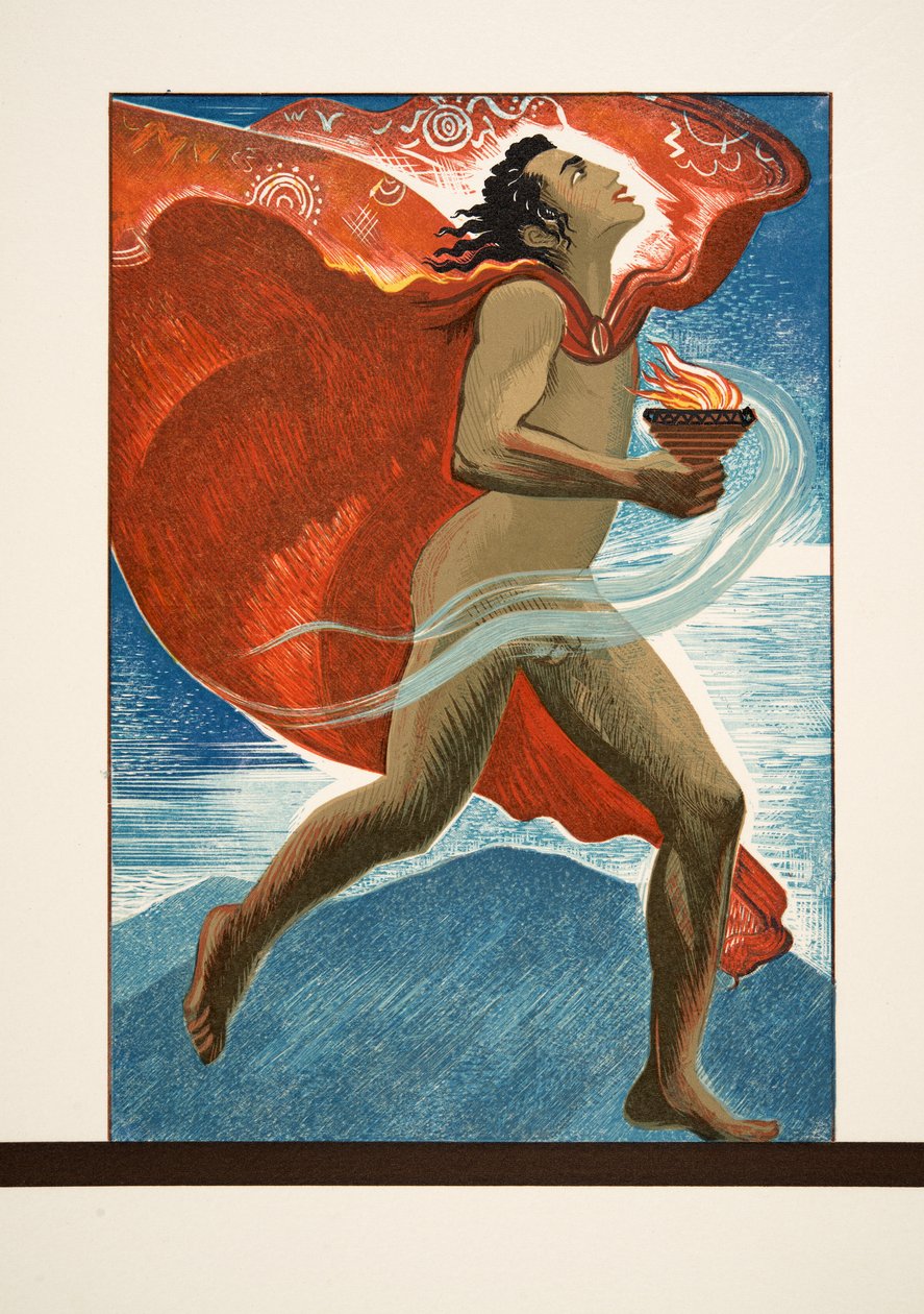 Prometheus Running with Fire, Aischylusin teoksesta Prométhée Enchaîné, pub. 1941 (pochoir-painatus) tekijältä Francois Louis Schmied