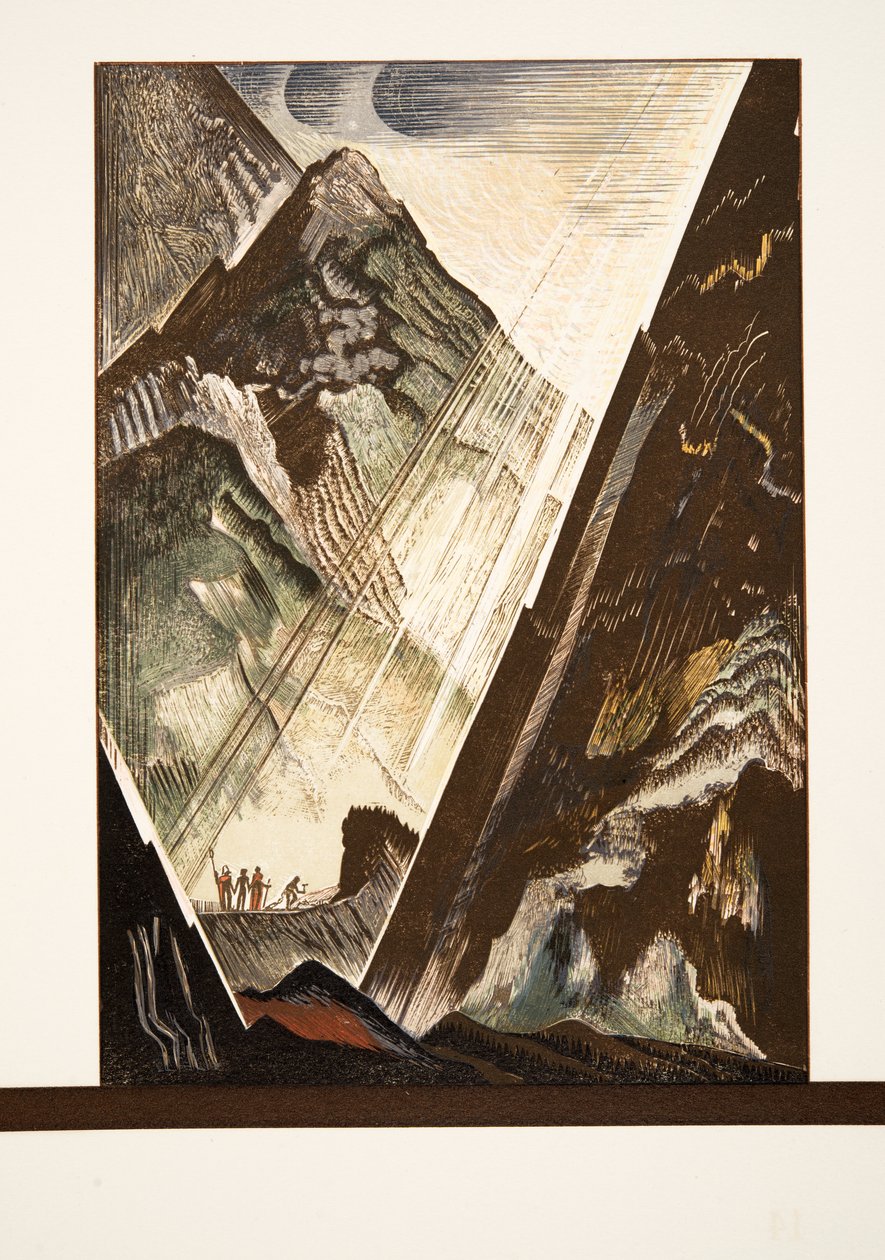Hephaistos, Kratos ja Bia naulaavat Prometheuksen kallioon, Aiskhyloksen teoksesta Prométhée Enchaîné, pub. 1941 (pochoir-painos) tekijältä Francois Louis Schmied