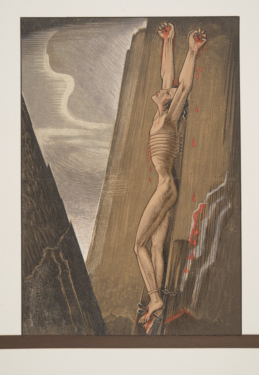 Prometheus naulattuna kallioon, teoksesta Prométhée Enchaîné, Aischylus, pub. 1941 (pochoir-painos) tekijältä Francois Louis Schmied