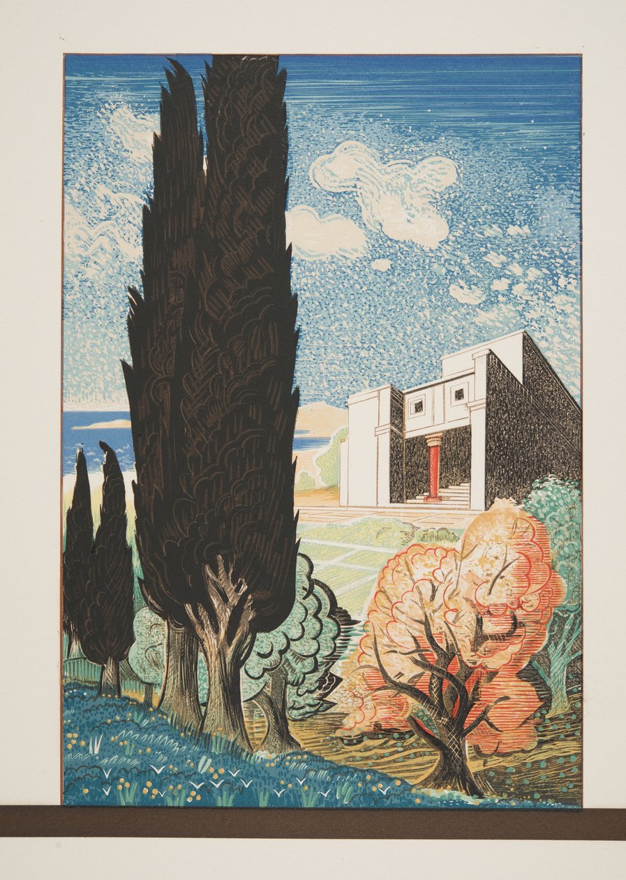 Temppeli ja sypressipuu, Aiskhyloksen teoksesta Prometheus kahleissa, pub. 1941 (sabluunapainatus) tekijältä Francois Louis Schmied