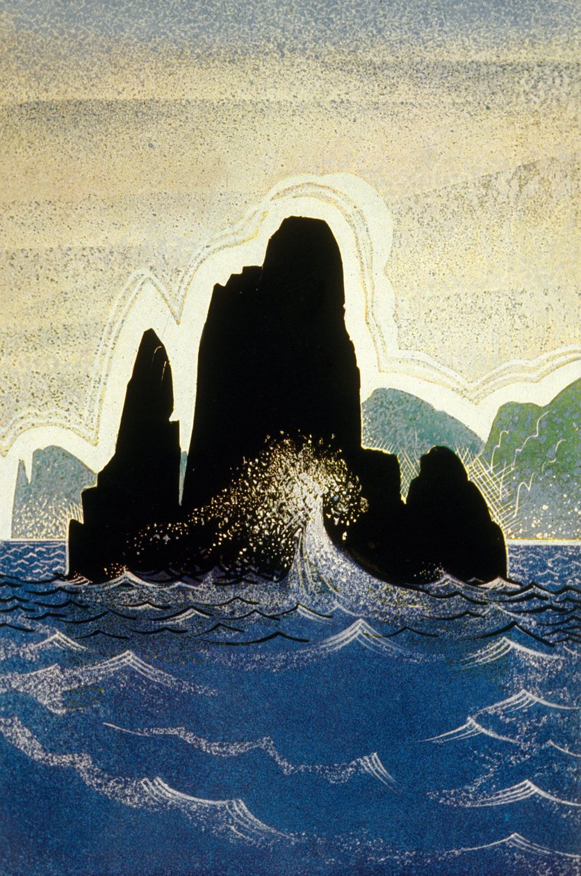 Homeroksen Odysseia : Gortynen kallio, kaiverrettu Theo Schmiedin toimesta, 1930-33 värilitografia. tekijältä Francois Louis Schmied