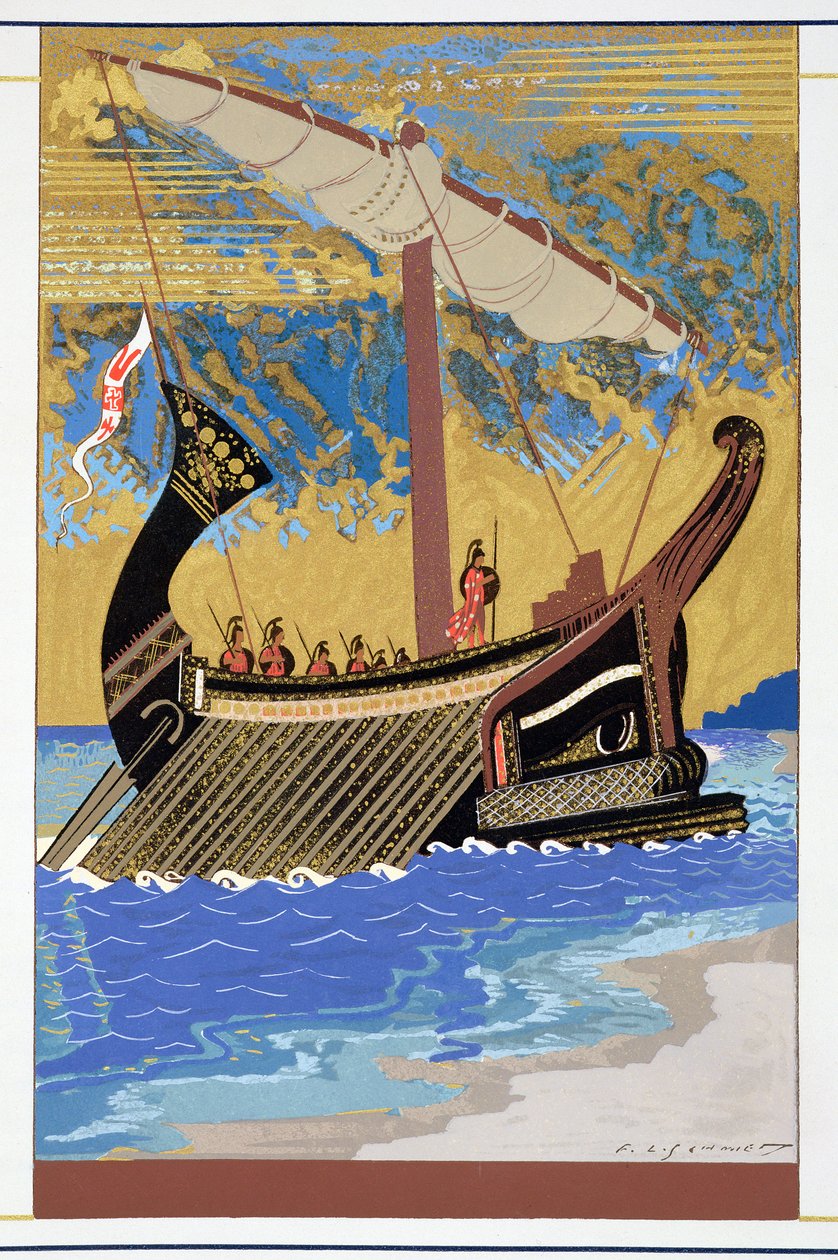 The Ship of Odysseus, "Homer: Odysseia", julkaistu Pariisissa 1930-33 tekijältä Francois Louis Schmied