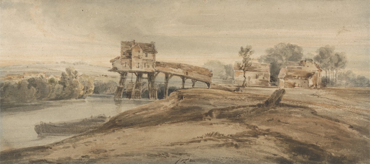 Vesimylly Charentonin sillan yläpuolella Thomas Girtinin (1775-1802) maalauksen jälkeen (wc grafiitin päällä paperilla) tekijältä Francois Louis Thomas Francia