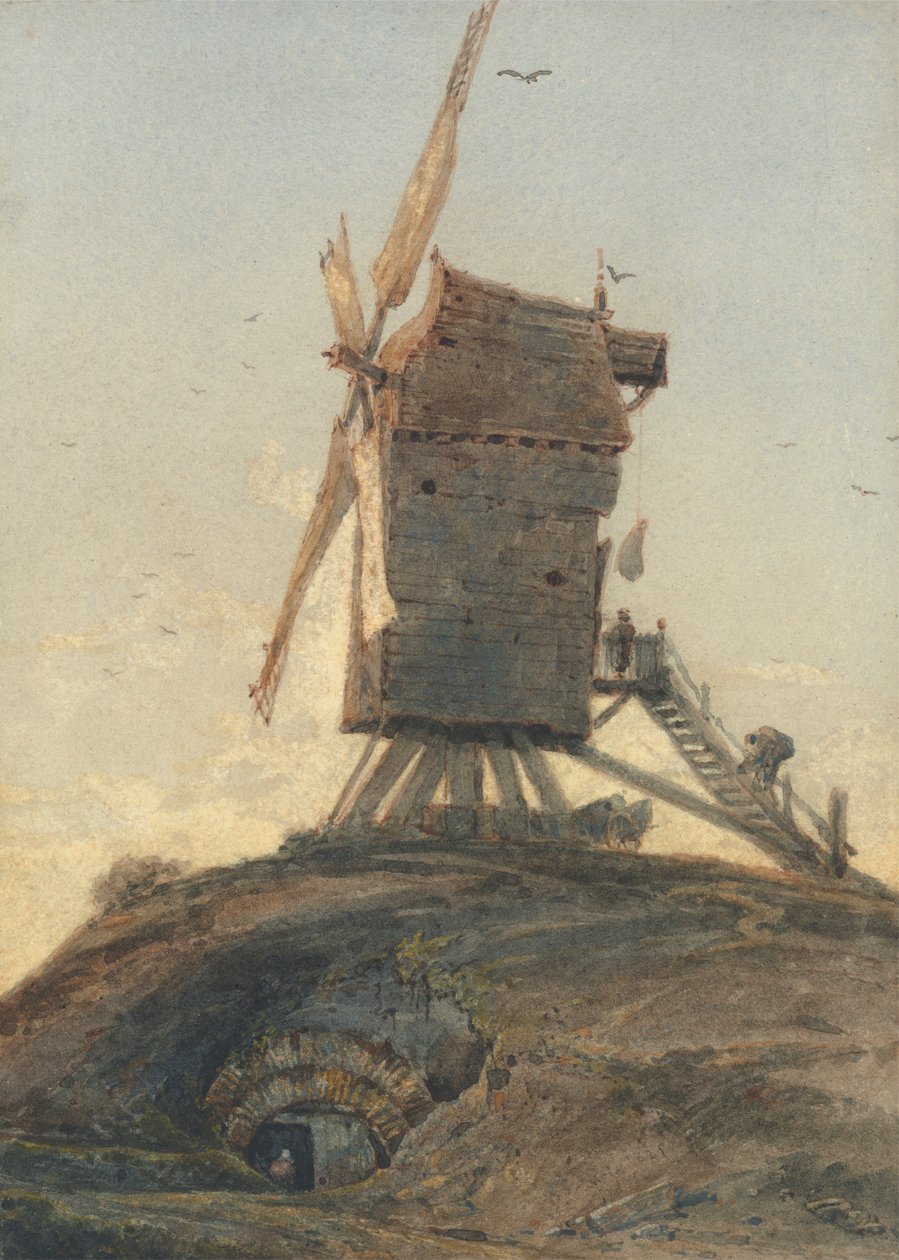 Tuulimylly kukkulalla maisemassa tekijältä Francois Louis Thomas Francia