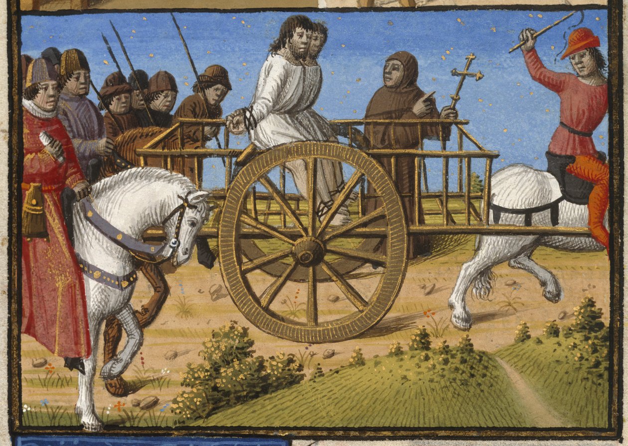 Harley 4375, f.140 Kaksi vankia kärryissä, joita viedään teloitukseen papin seurassa, kuvitus Valerius Maximuksen teoksesta "Les Faits et les Dis des Romains et de Autres Gens" (tai "Memorabilia") tekijältä Francois Maitre