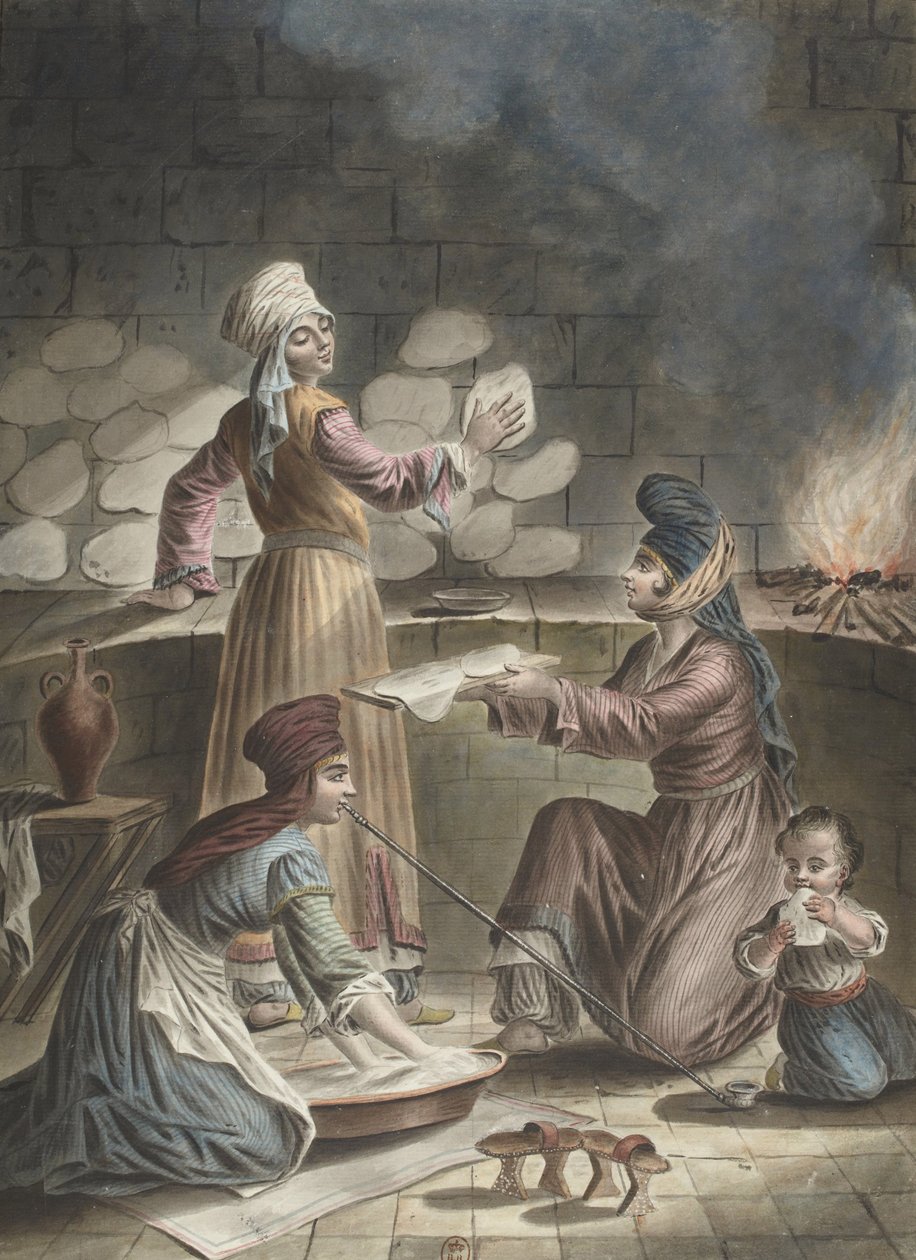 Turkkilaiset naiset leipovat leipää, 1790 tekijältä Francois Marie Rosset