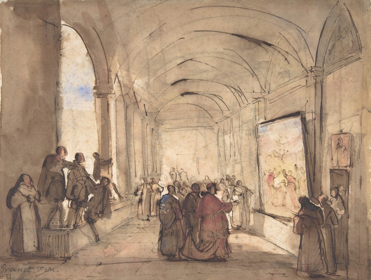 Kardinaali tutkimassa maalausta luostarissa, 1800-luvun ensimmäinen puolisko. tekijältä Francois Marius Granet