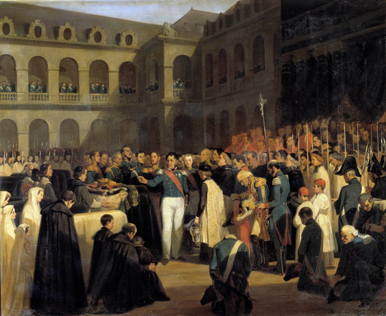 Fieschin hyökkäyksen uhrien hautajaiset 5.8.1835 kuningas Louis-Philippen läsnäollessa Giuseppe Fieschin (korsikan salaliittolainen) hyökkäys tapahtui 28. heinäkuuta 1835 Ranskan kuningasta Louis-Philippe I:tä vastaan, Boulevard du Temppeli Pariisissa. P tekijältä Francois Marius Granet