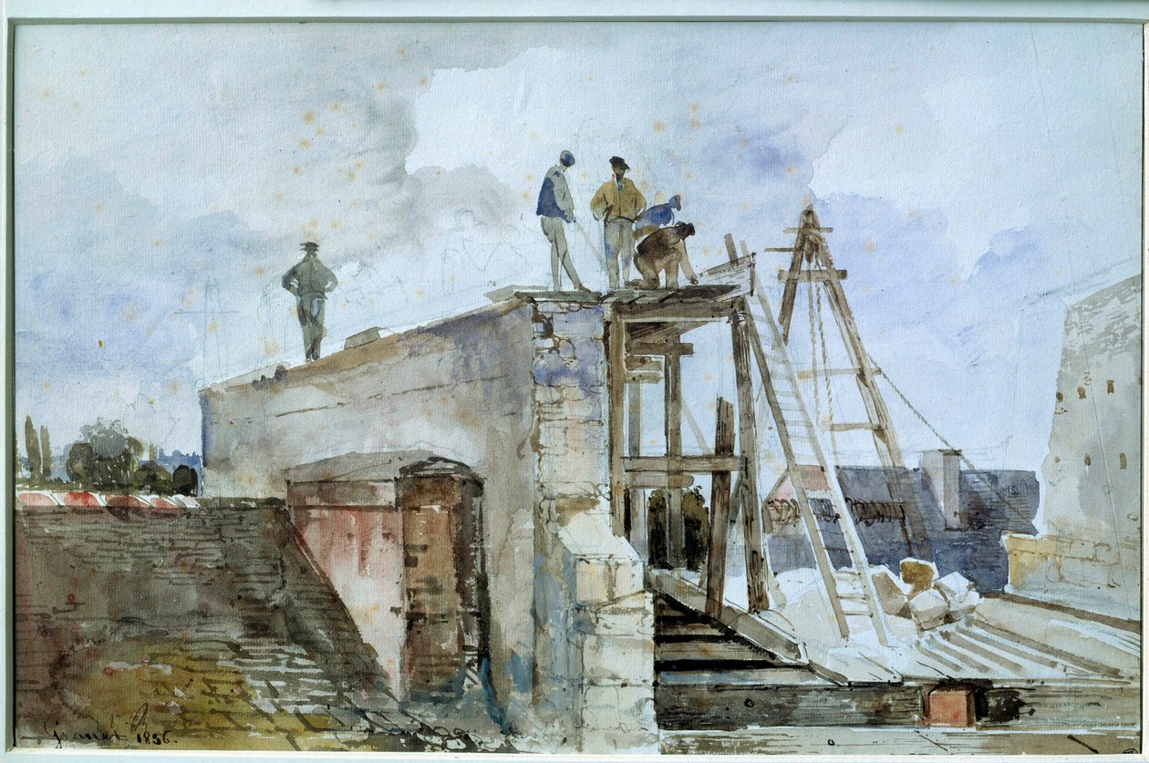 Rakenteilla oleva talonrakennustyömaa instituutin Granet-ikkunasta nähtynä. Akvarelli Francois Marius Granet (1775-1849). 1800-luvulla. Himmeä. 0,25x0,38 m. Pariisi, Louvre-museo tekijältä Francois Marius Granet