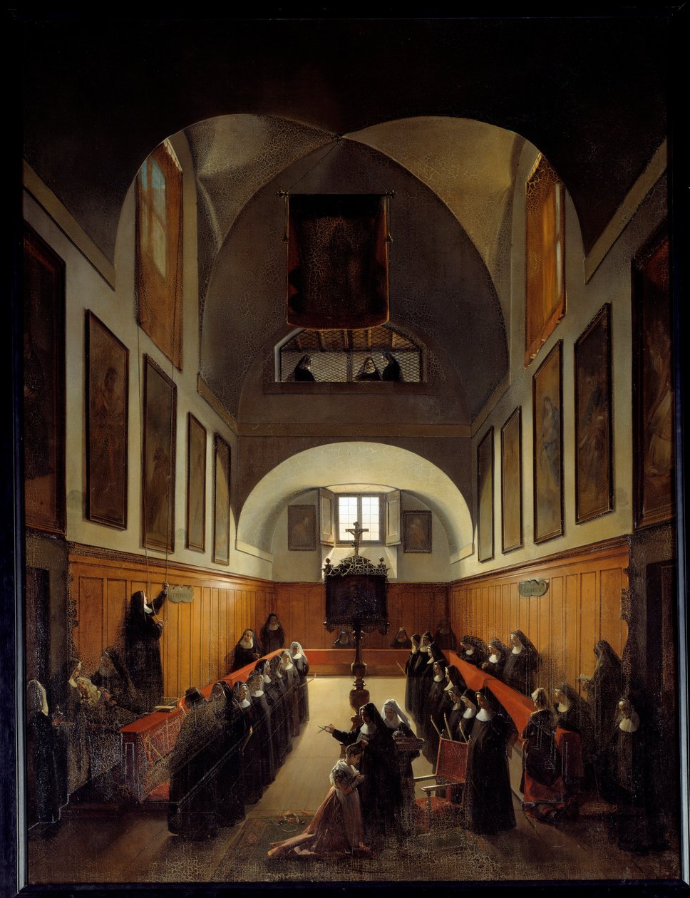 Ottaa nuoren tytön vaatteita Albanosta Rooman St. Clairin luostarin kuorossa. Francois Marius Granet