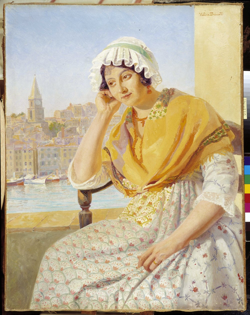 Madame Contencin terassilla quai de Rive-Neuve Marseillessa. François Marius Valere Bernardin (1860-1936) maalaus, Pakollinen maininta: Kokoelman perustan terveisiä Provencesta, Marseillesta. tekijältä Francois Marius Valere Bernard
