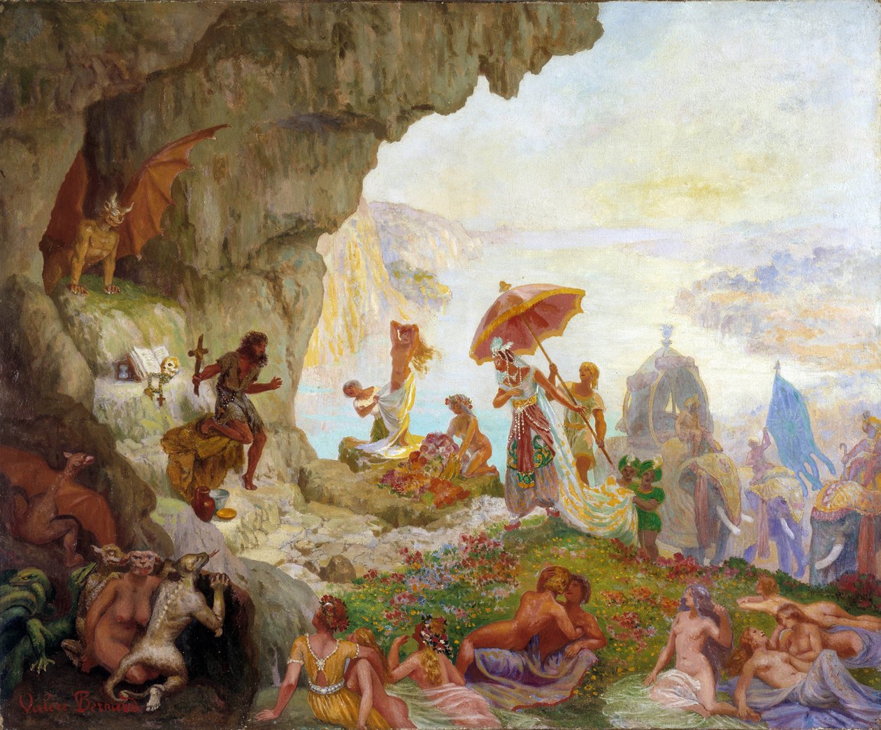 Pyhän Antonius Suuren (tai Pyhän Antonius Erakon tai Pyhän Antonius Abben) kiusaus Sabahin (tai Saban) kuningattaren toimesta François Marius Valere Bernardin (1860-1936) maalaus Dim. 60x73 cm. Pakollinen maininta: Collection fondation regards de Prove tekijältä Francois Marius Valere Bernard