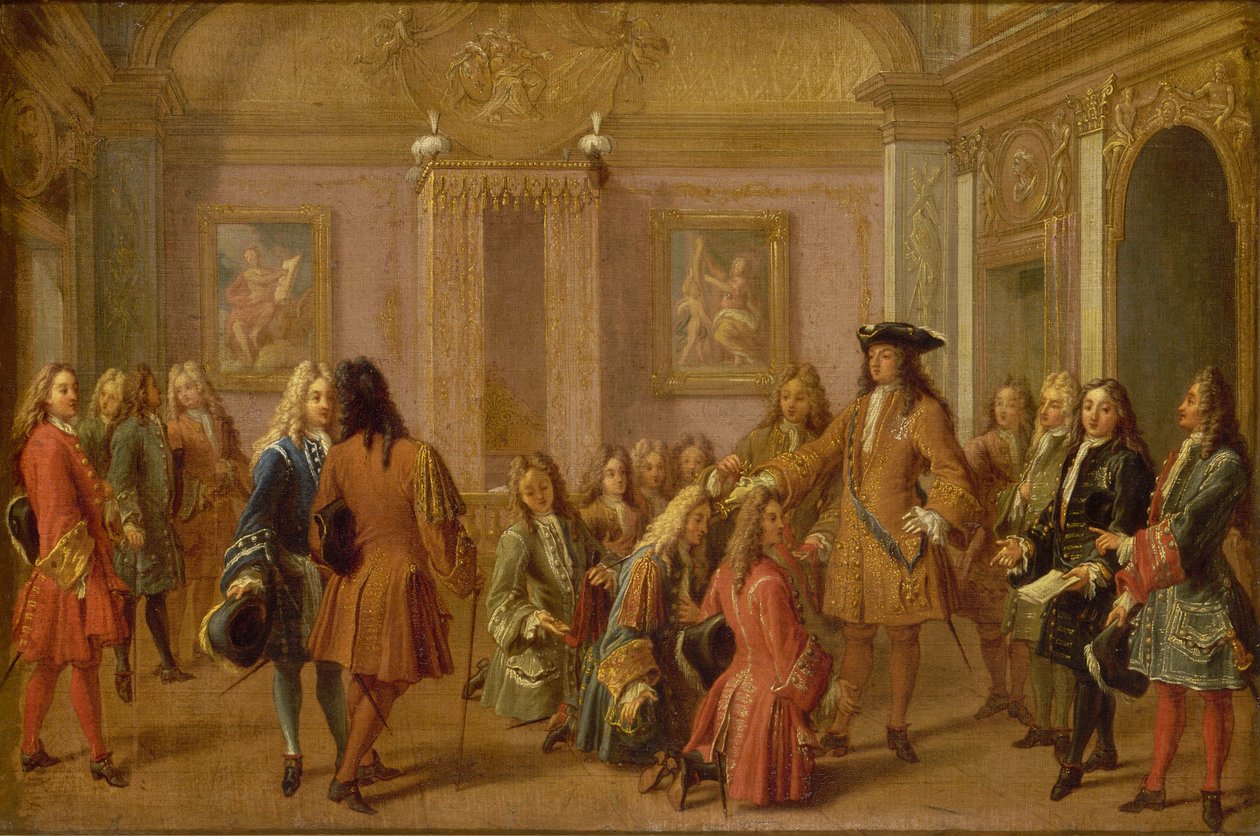 Ludvig XIV:n ensimmäinen Pyhän Ludvigin ritarien ylennys, Versailles 8. toukokuuta 1693, 1710. tekijältä Francois Marot