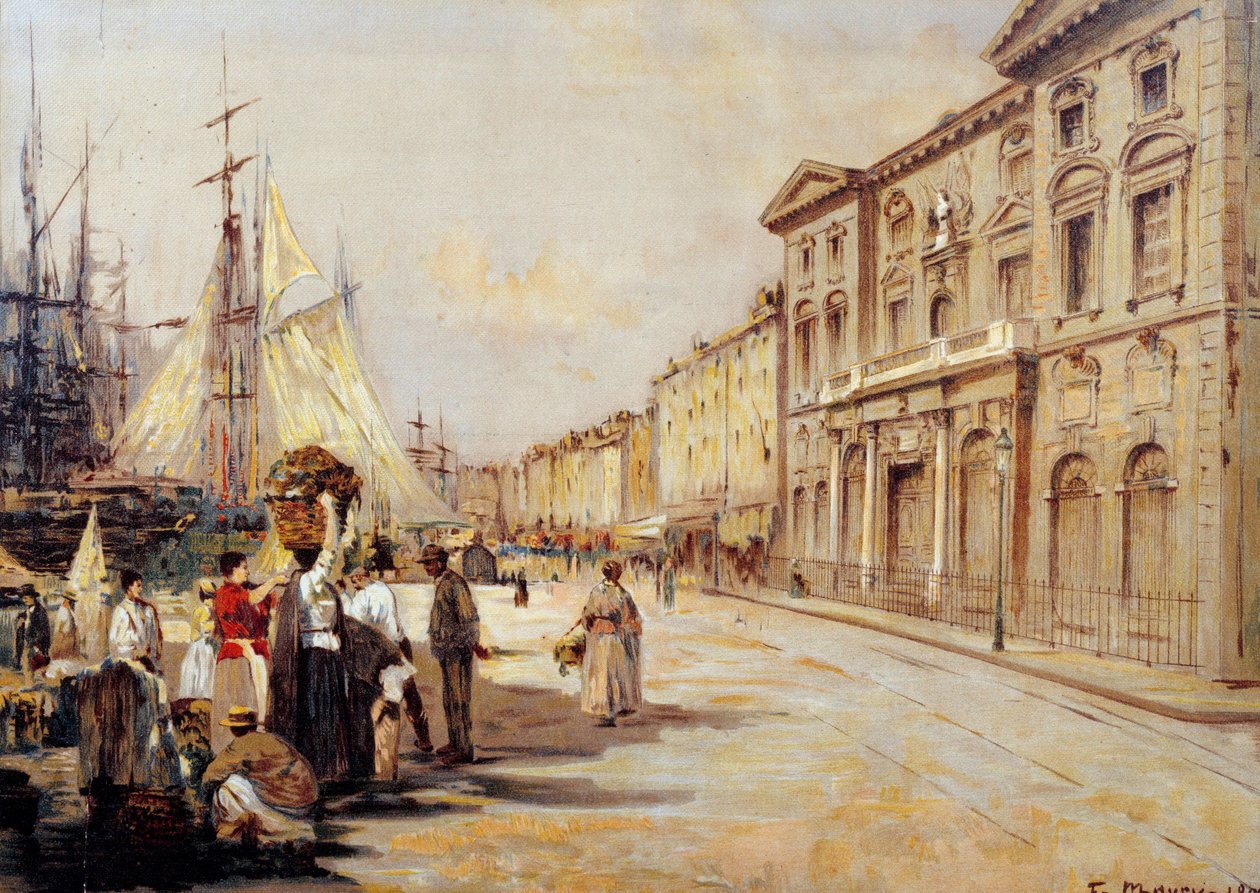 Näkymä Quai Saint Jeanista Marseille Street -näkymässä. Piirustus: Francois Maury (1861-1933) 1902 Marseille, Vanhan Marseillen museo tekijältä Francois Maury