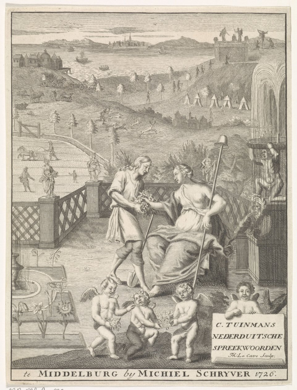 Hollantilainen neitsyt saa kukkia puutarhurilta Nimisivu: Carolus Tuinman, (...) Nederduitsche-sananlaskujen alkuperä ja tulkinta, 1726. tekijältä Francois Morellon la Cave