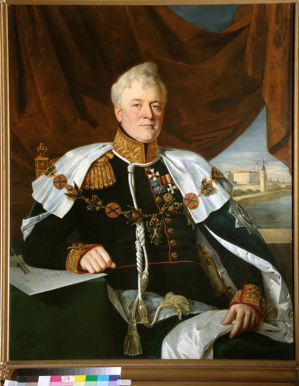 Prinssi Dimitri Vladimirovich Galitzine (Golitsyn) (1771-1844) muotokuva Pyhän Andrean (Saint-Andre) ritarikunnan kauluksella - Francois Nicolas Rissin (1804-1886) maalaus, öljy kankaalle (122x100 cm) tekijältä Francois Nicholas Riss