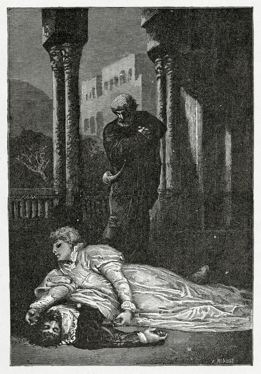Dona Sol kuolee Hernanin ruumiiseen, 1800-luku (bw-kaiverrus) tekijältä Francois Nicolas Chifflart