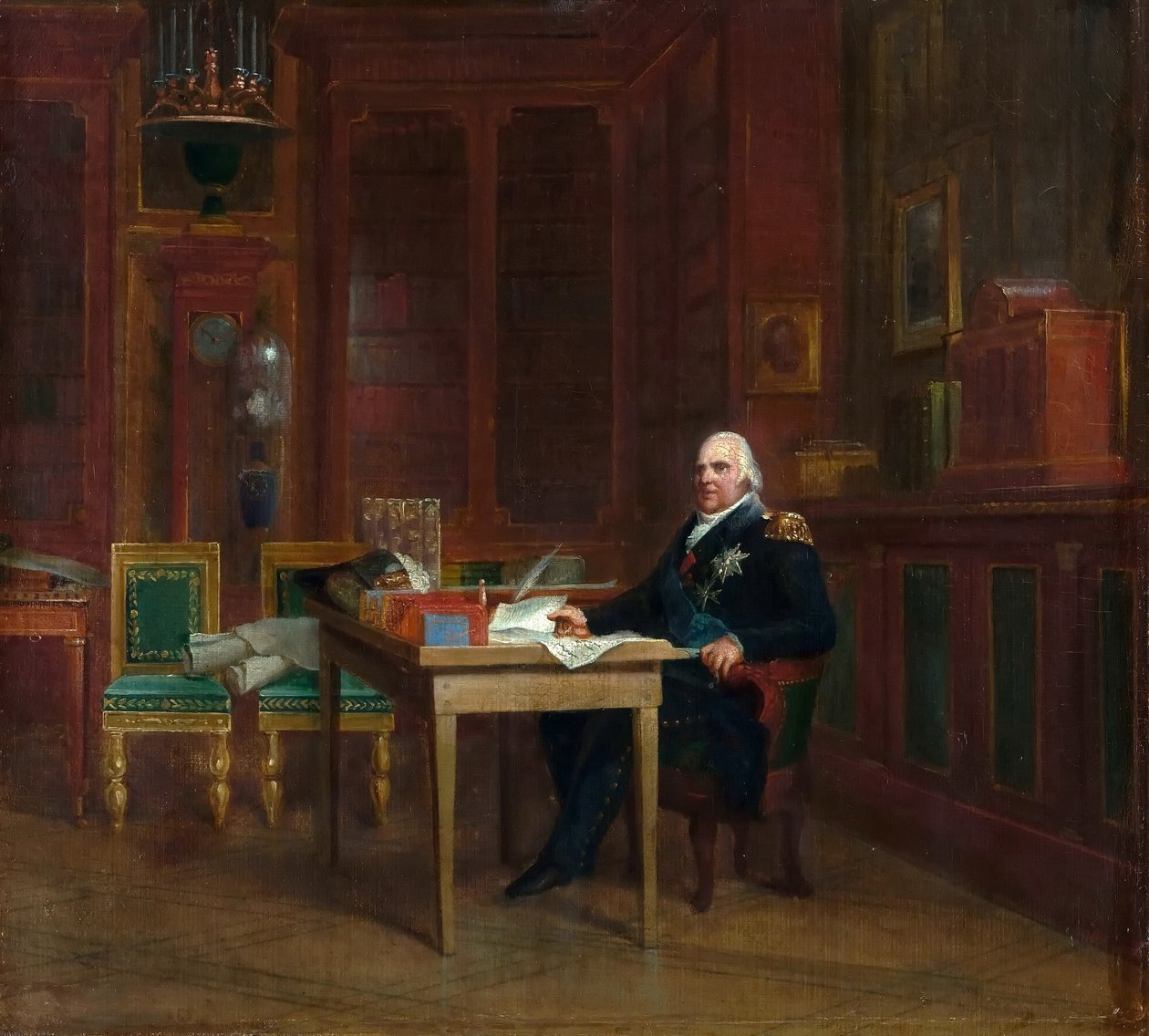 Ludvig XVIII (1755-1824) työssään Study at the Tuileries (öljy kankaalle) tekijältä Francois Pascal Simon Baron Gerard