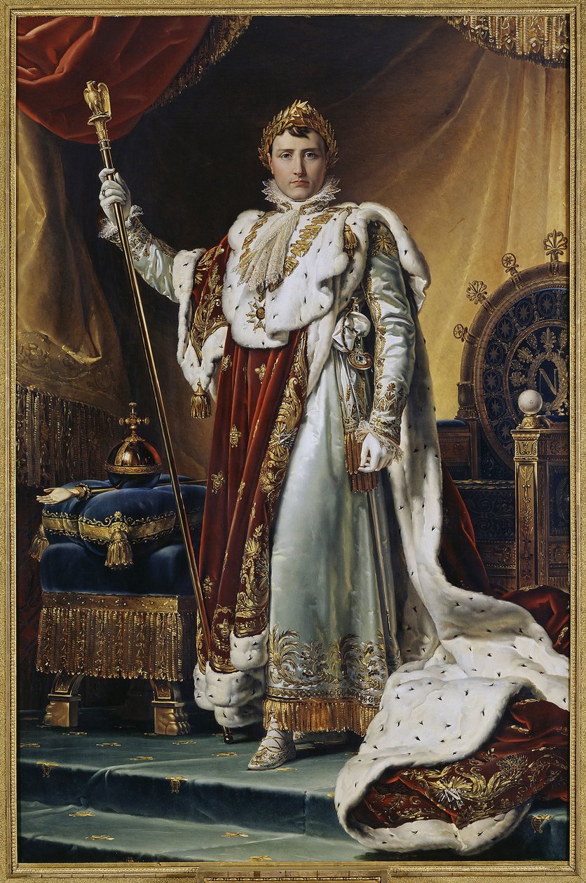 Muotokuva keisari Napoleon I Bonapartesta (1769-1821) kruunausasussa. (Keisari Napoleon I Bonaparten muotokuva kruunausvaatteissaan). François Pascal Simonin maalaus, paroni Gerard (1770-1837), öljy kankaalle, noin 1804. Ranskalainen taide tekijältä Baron François Pascal Simon Gérard