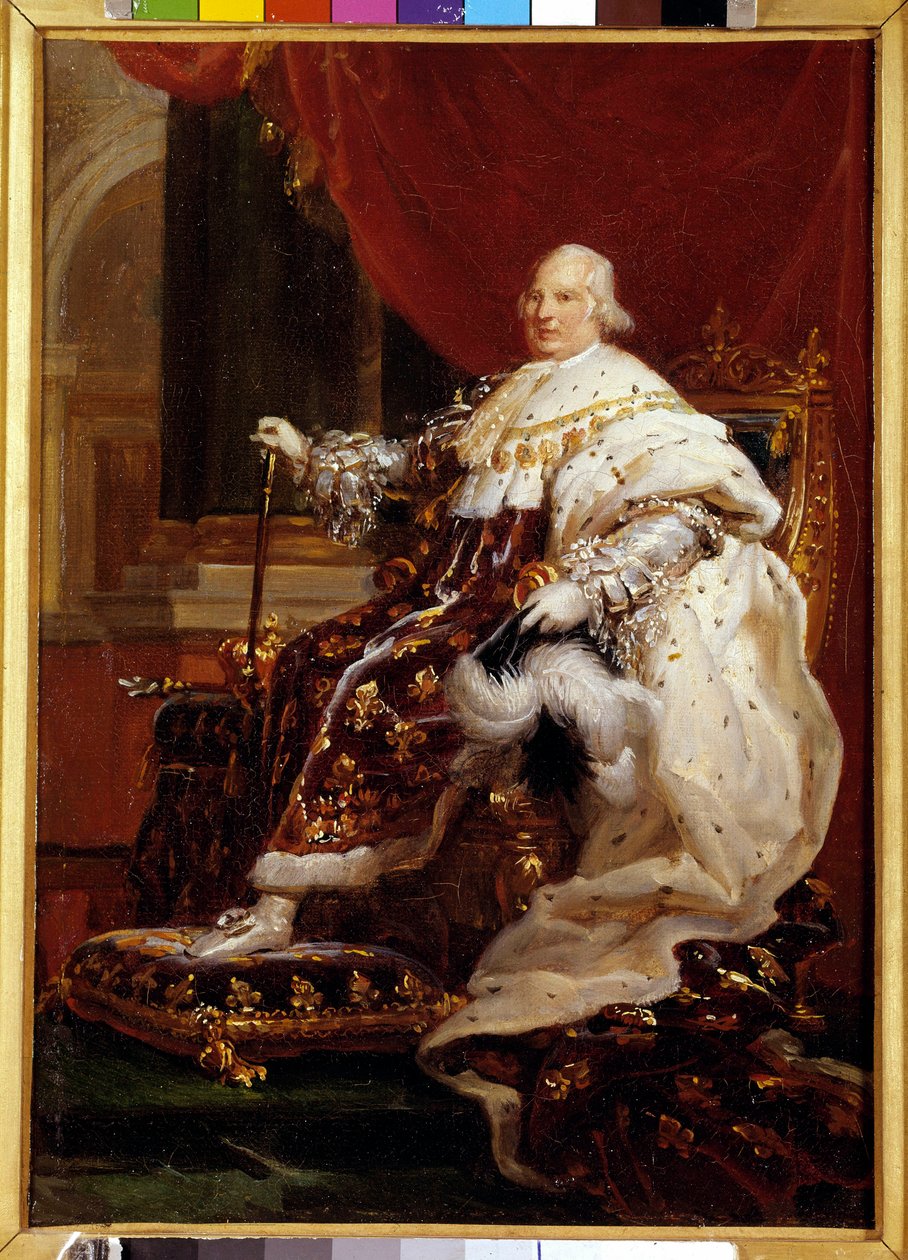Ludvig XVIII:n (1755-1824) muotokuva ja puku Francois Gerardin (1770-1837) maalaus 1814 su. 0,32 x 0,23 m - Ludvig XVIII:n (1755-1824) täyspitkä muotokuva kruunausvaatteissa. Francois Gerardin (1770-1837) maalaus tekijältä Baron François Pascal Simon Gérard