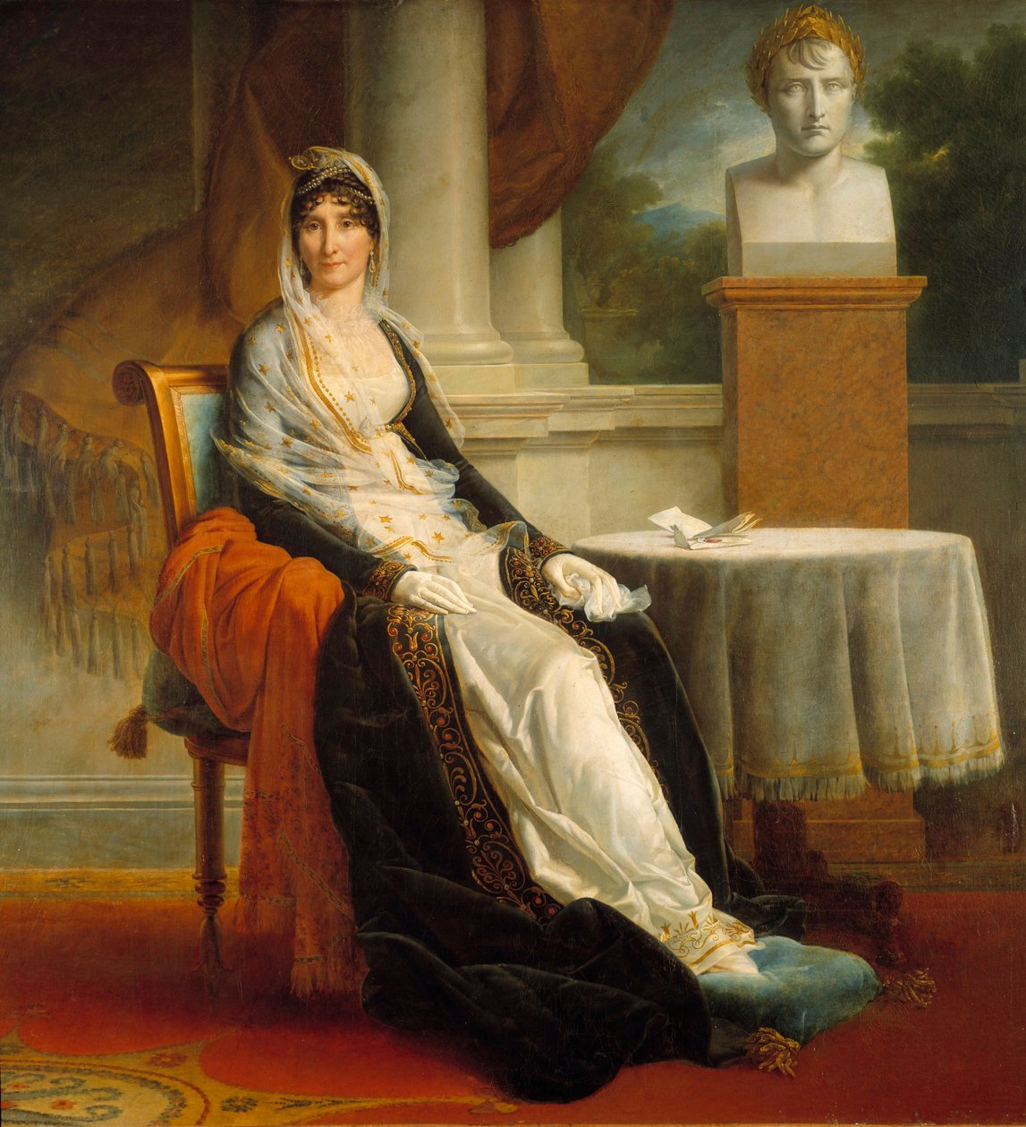 Muotokuva Laetitia Bonaparten (Letizia Maria Ramolino) (1750-1836) jalassa Rouva Mere Pres hänen poikansa keisari Napoleon I:n (1769-1821) rintakuvasta. François Gerardin (1770-1837) maalaus 1803 su. 1,72x1,78 m Malmaison, musee du chateau - Täyspitkä muot tekijältä Baron François Pascal Simon Gérard