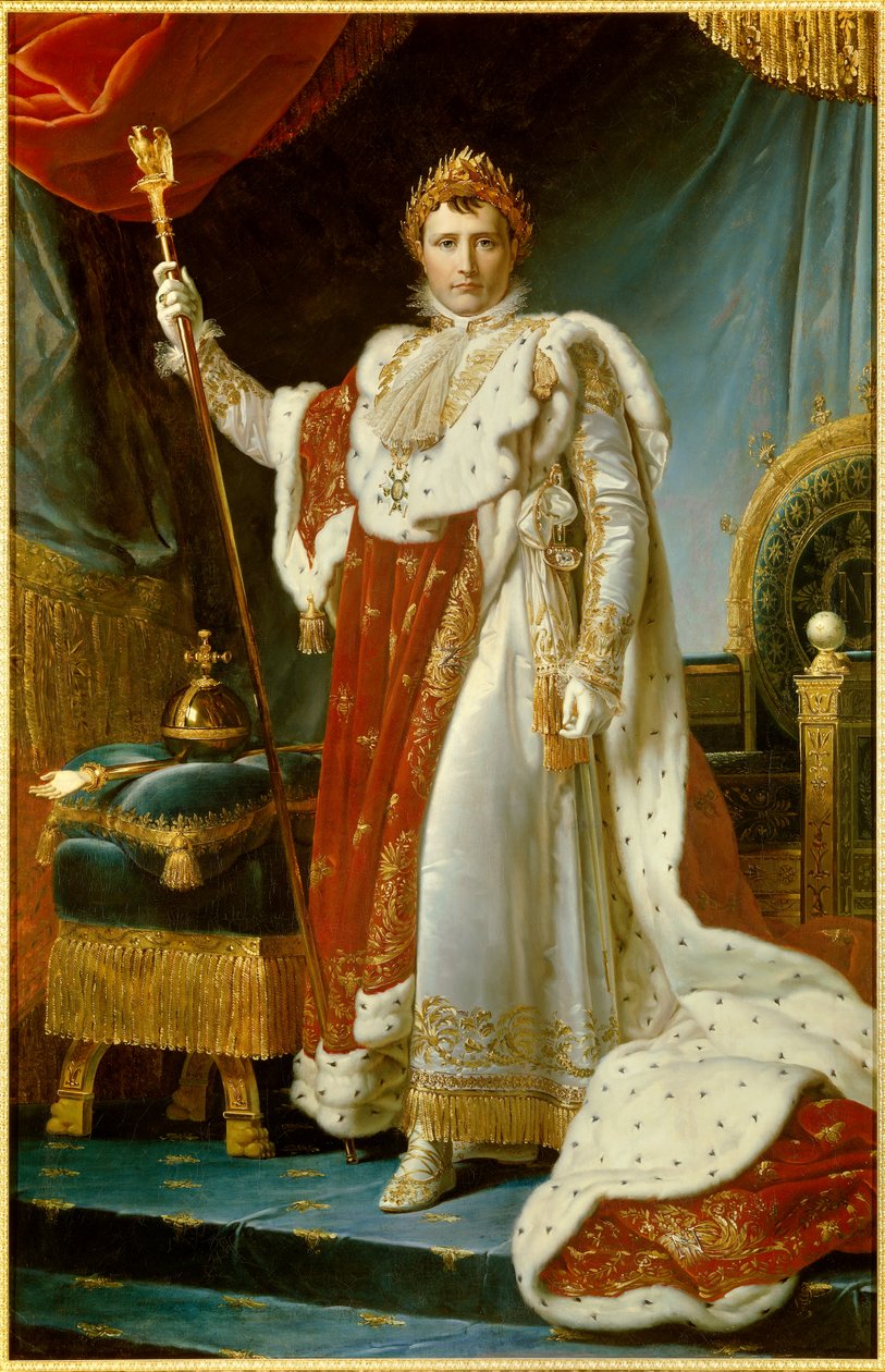 Muotokuva jalassa Napoleon I pyhässä puvussa (1769-1821) Ranskan maalauksen keisari, Francois Gerard (1770-1837). 1805. Dim. 2,23 x 1,43 m. Versailles, musee du Chateau - täyspitkä muotokuva Napoleon I:stä kruunausvaatteissa (1769-1821) Keisari tekijältä Baron François Pascal Simon Gérard
