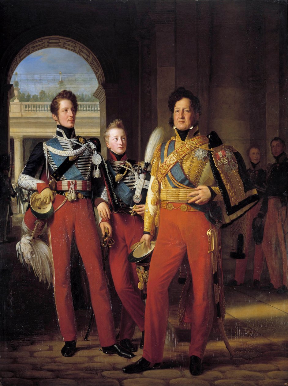 Ludvig Philippe I:n (1773-1850), Orleansin herttuan univormussa Hussardien kenraalien everstin, ja hänen pojistaan: Chartresin herttua ja Nemoursin herttua maalaamassa Louis Hersentiä (1777-1860) jalan muotokuvia. Francois Gerard (1770-1837) 1832. Su 2 tekijältä Baron François Pascal Simon Gérard