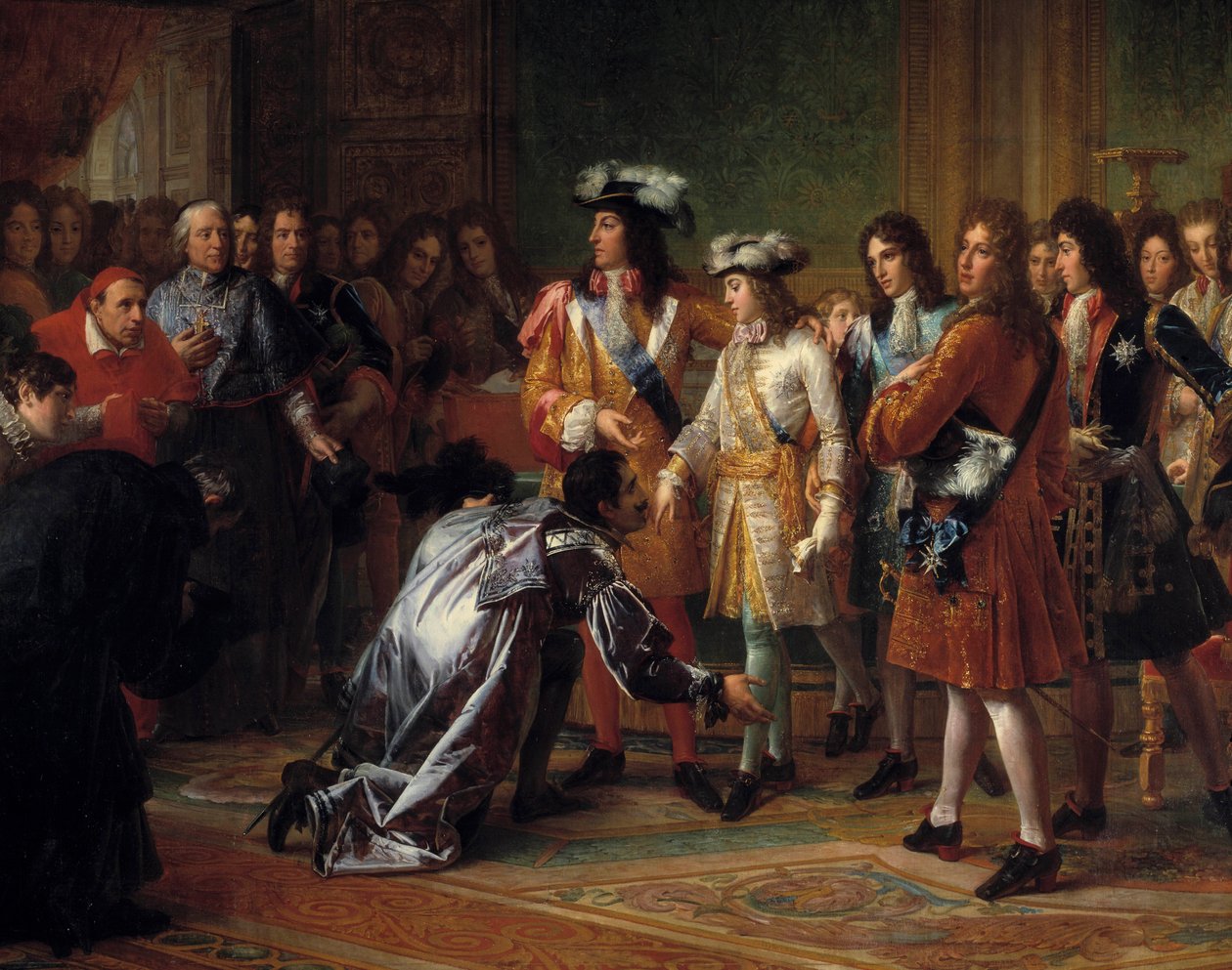 Anjoun herttuan, Espanjan kuninkaan julistus Philip V:n nimellä 16. marraskuuta 1700 (sinisessä puvussa, vasemmalla kardinaalin takana seisoo Jacques-Benigne (Jacques Benigne) Bossuet). François Gerardin (1770-1837) maalaus. 1700-luvun aurinko tekijältä Baron François Pascal Simon Gérard