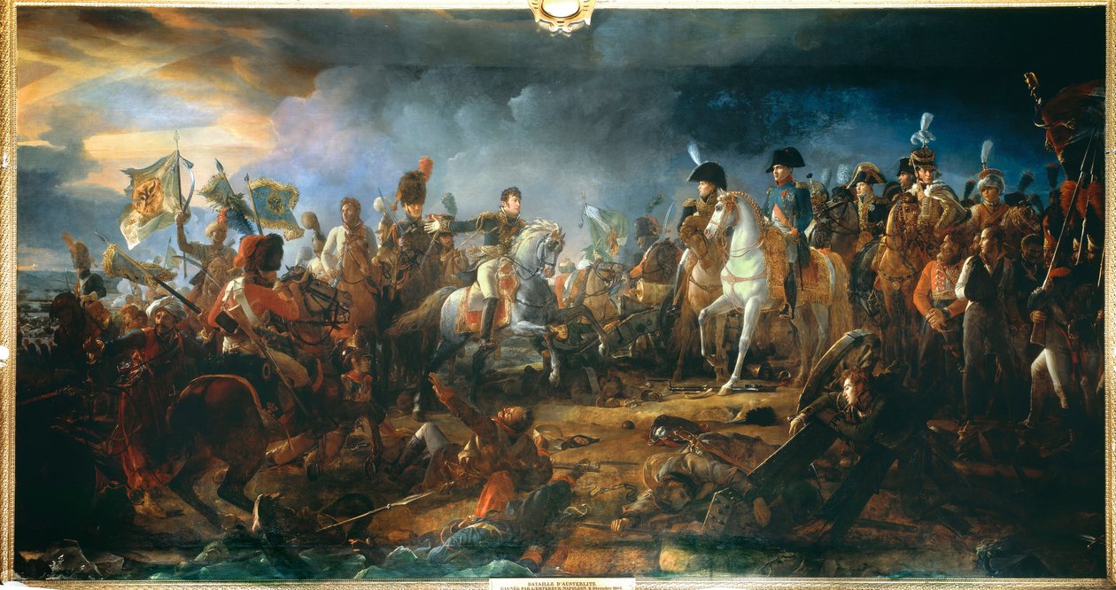 Austerlitzin taistelu 12.2.1805: Kenraali Rapp esittelee viholliselta otetut liput. François Gerardin (1770-1837) maalaus 1805 Sun. 2,1x9,58 m. tekijältä Baron François Pascal Simon Gérard