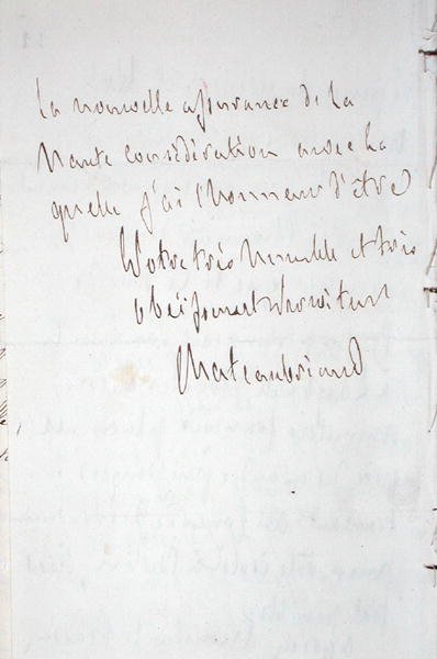Kirje kirjoittajan allekirjoituksella, kirjoitettu Frankfurtissa matkalla Chateaubriaan ja uuteen virkaan täysivaltaisena ministerinä Berliinissä, 7. tammikuuta 1821 (kynä ja muste paperilla) tekijältä Francois Rene Vicomte de Chateaubriand