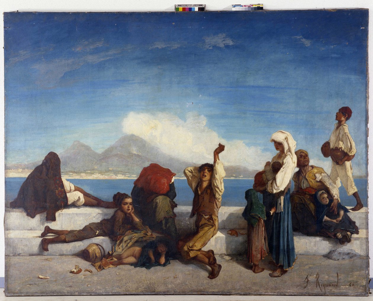 Lazzaroni, napolilaisten hahmot. Näkymä Napolinlahdelle (öljy kankaalle) tekijältä Francois Reynaud