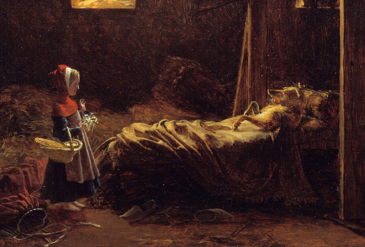 Punahilkka, yksityiskohta. Kuva tarinasta Charles Perraultista, punahilkka suden naamioituessa isoäidiksi. François Richard Fleuryn (1777-1852) maalaus 1800-luvun aurinko. 0,35x0,47 m. tekijältä Francois Richard Fleury