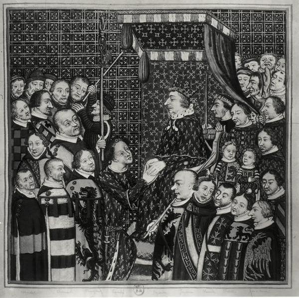 Ludvig II (1337-1410) Klemensin kreivi, osoittaa kunnioitusta Kaarle V:lle (1338-80) kopio 1300-luvun pienoismallista (akvarelli paperille) (mv/w kuva) tekijältä Francois Roger de Gaignieres