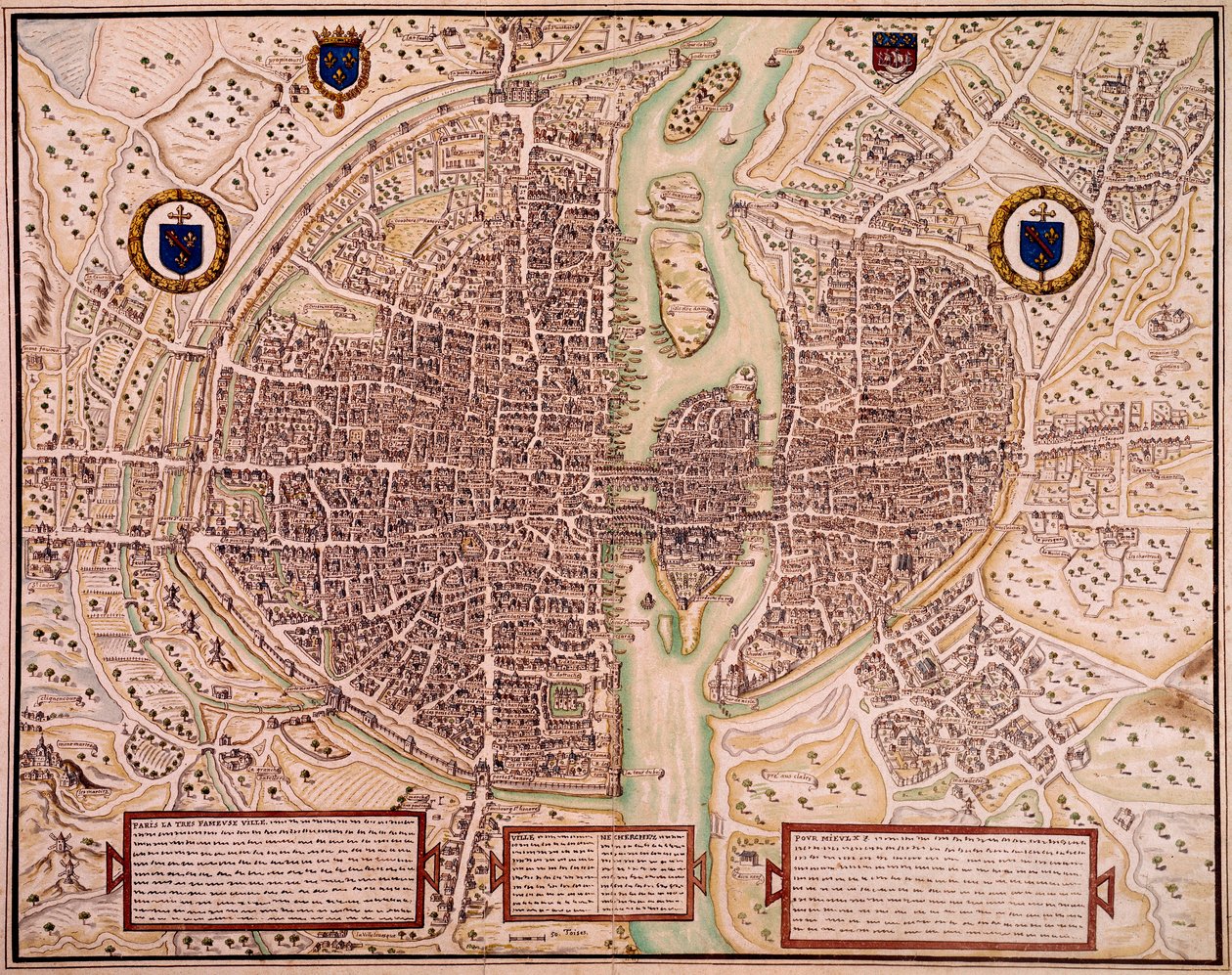 Pariisin kaupungin kartta vuosina 1540-1555 sanoi kuvakudos. Kaiverrus Francois Roger de Gaignieres (1642-1715). Pariisi, B.N. tekijältä Francois Roger de Gaignieres