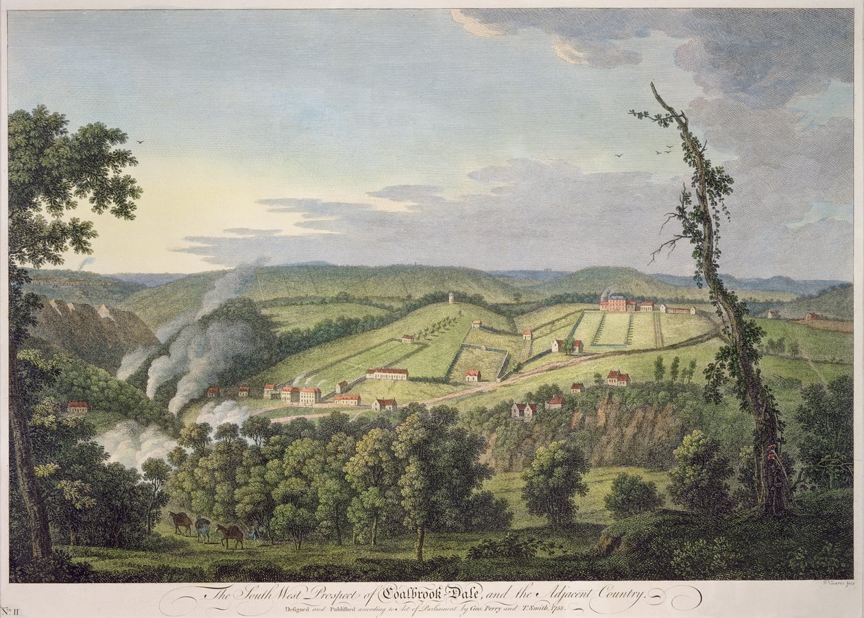Coalbrookdalen lounaisprospekti (käsinvärinen kaiverrus) tekijältä Francois Vivares