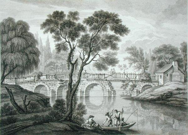 Suunnitelma tuhoisalle sillalle Syon Housen puutarhaan, julkaistu 1778 (kaiverrus) tekijältä Francois Vivarez