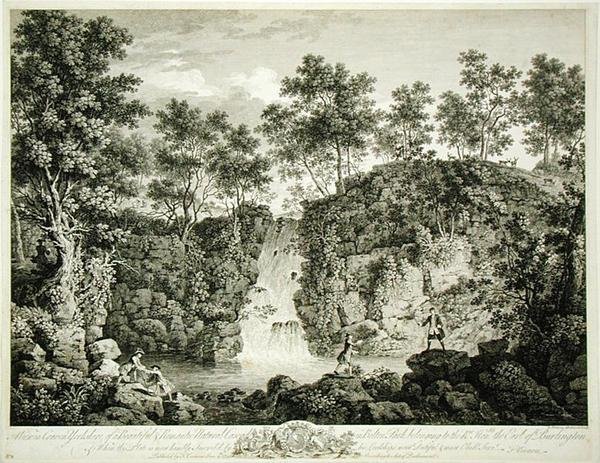 Näkymä kaskadista Bolton Parkissa, Cravenissa, Yorkshiressä, julkaistu 1753 (kaiverrus). tekijältä Francois Vivarez