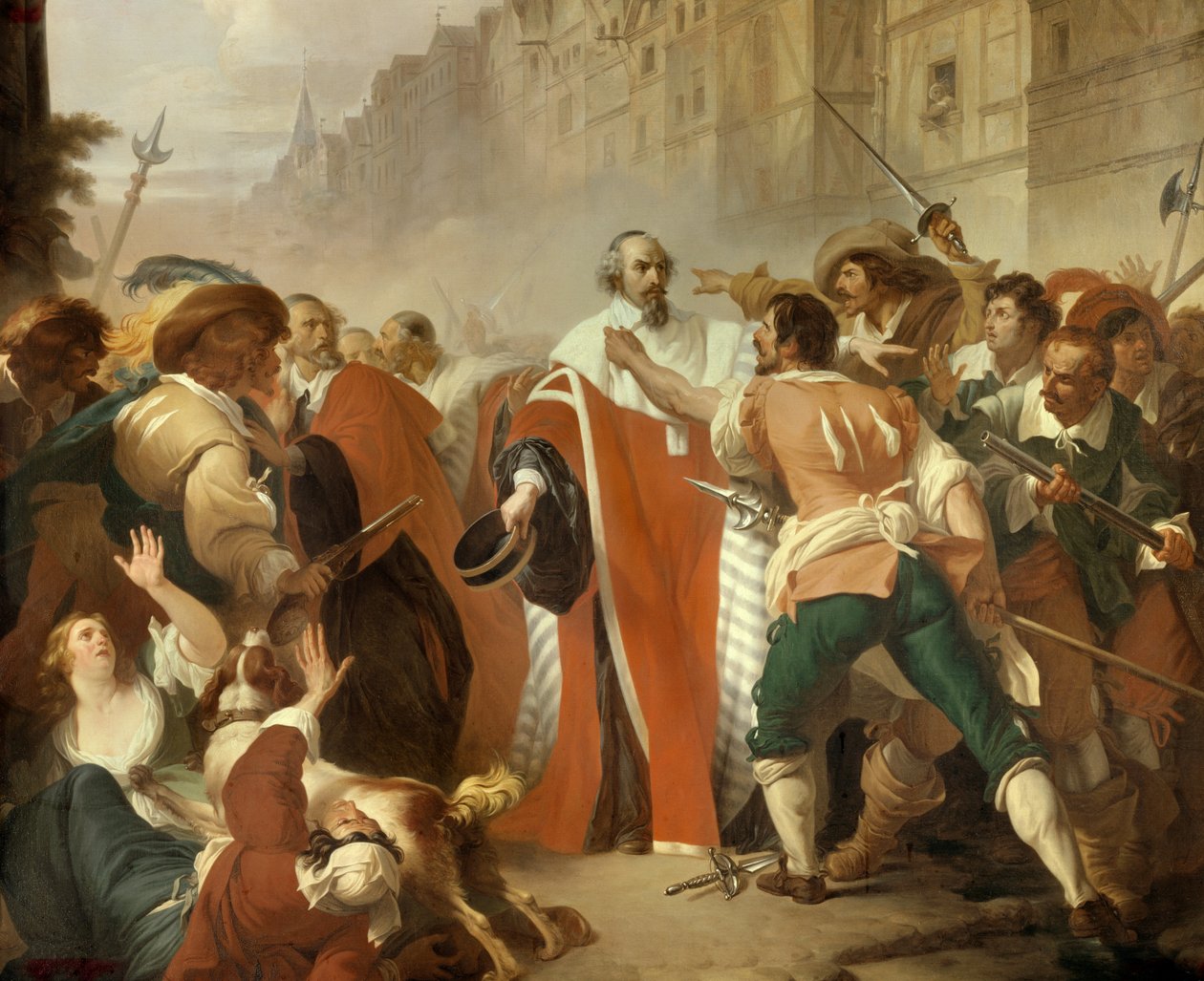 Hylkeiden vartija Mathieu Mole (1584-1656) vastustuskykyä vastaan barrikadien aikana Fronden aikana 27. elokuuta 1648 Vihainen joukko vaatii vapauttamaan Pierre Brousselin, joka pidätettiin, koska hän vastusti Ca:n ehdottamia uusia veroja. tekijältä Francois Xavier Dupre