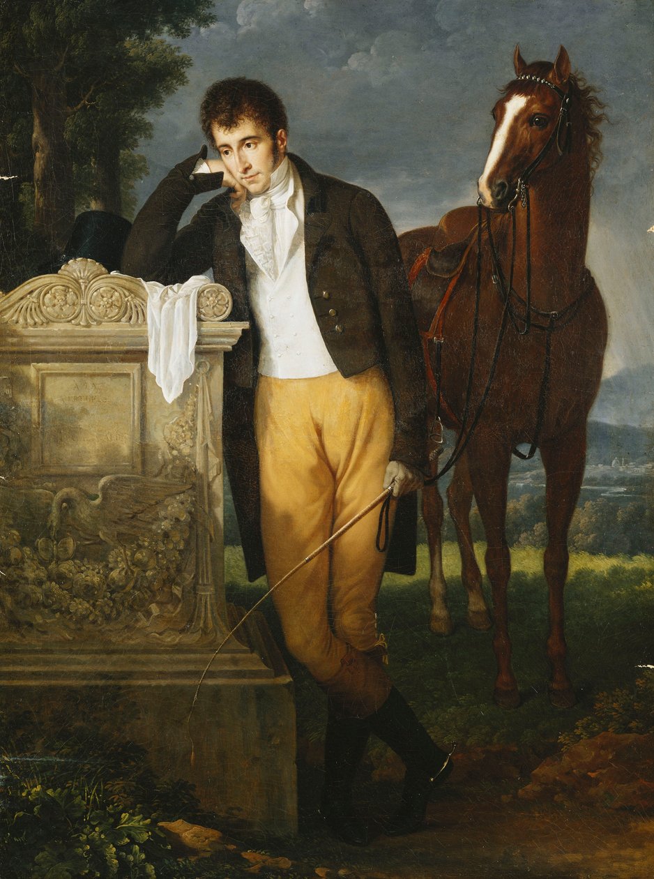 Muotokuva Don Luigi Grimaldista, Santa Crucen prinssistä, Monacon ja Genovan markiisi de Pietro Vajranasta, nojaten morsiamensa Fannyn haudalle, marquise de Grimaldi, 1804 tekijältä Francois Xavier Fabre