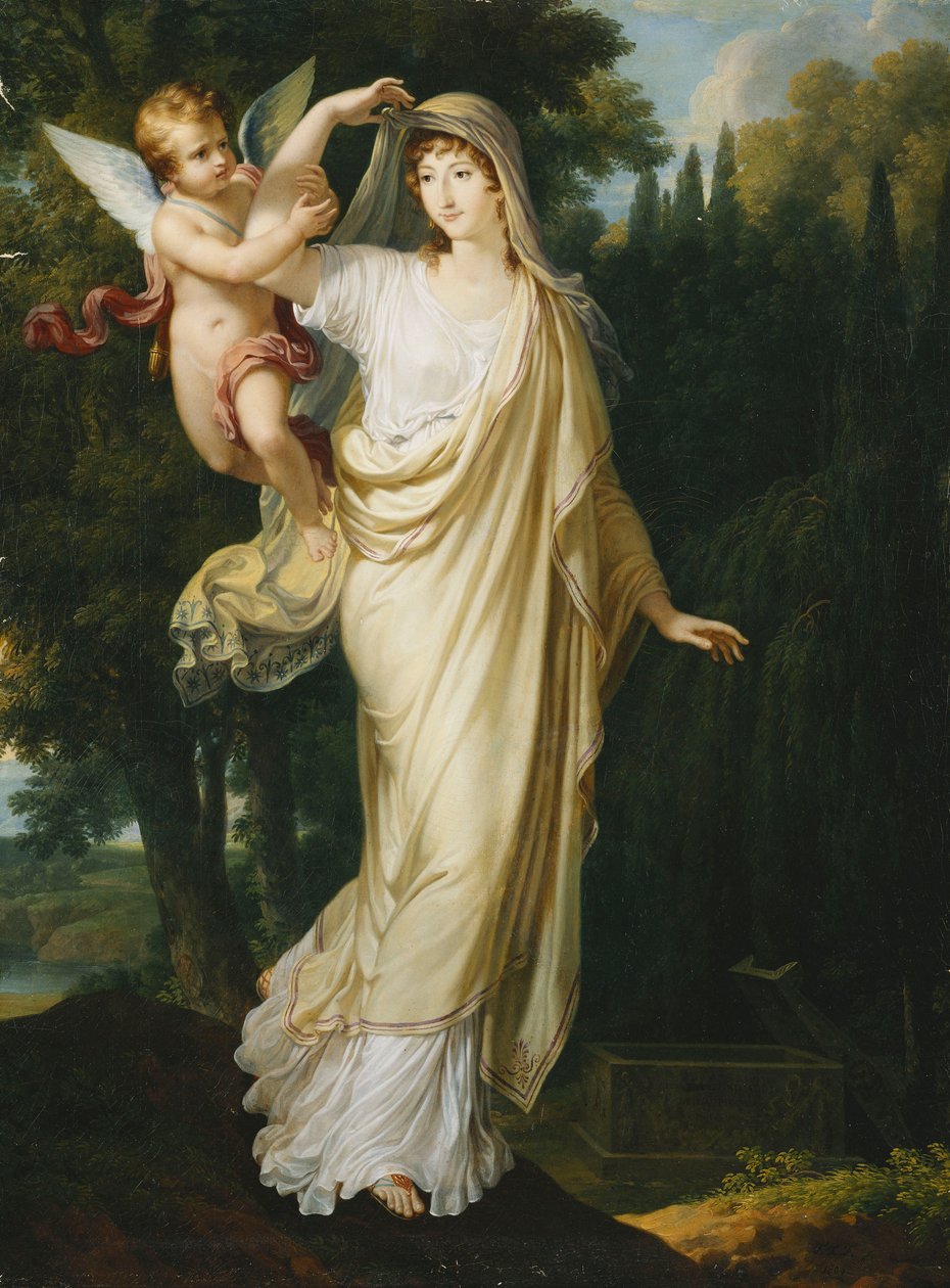 Postuumi muotokuva markiisi Fanny Grimaldista, s. Baronne von Burkenwald, Santa Crucen prinsessa, Marquise de Monaco et de Genes, joka liittyy ensimmäisen aviomiehensä, markiisi Giovanni Battista Grimaldin haudalle, 1804 tekijältä Francois Xavier Fabre