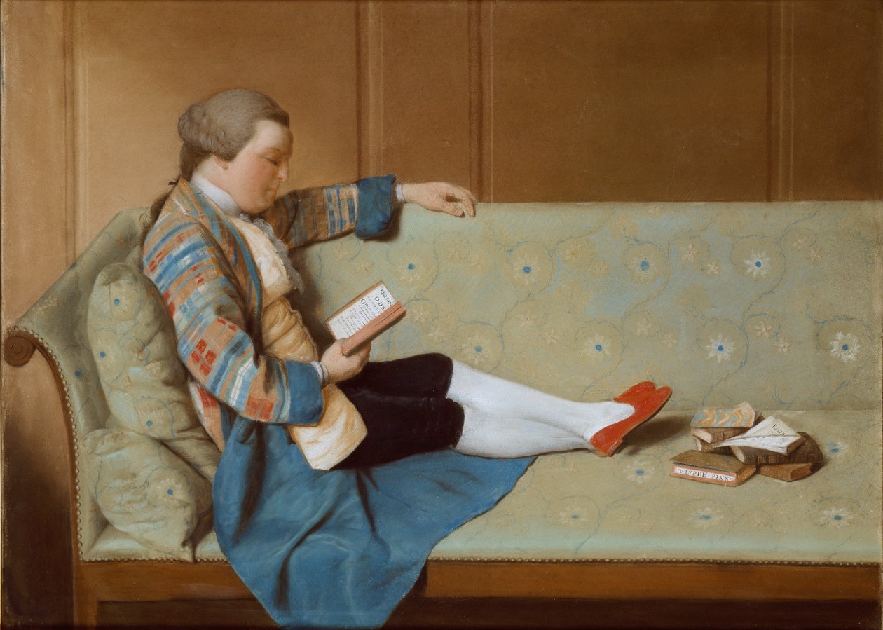 Muotokuva miehestä makuulla sohvalla, lukemassa, 1700-luvun puoliväli. tekijältä Francois Xavier Vispre
