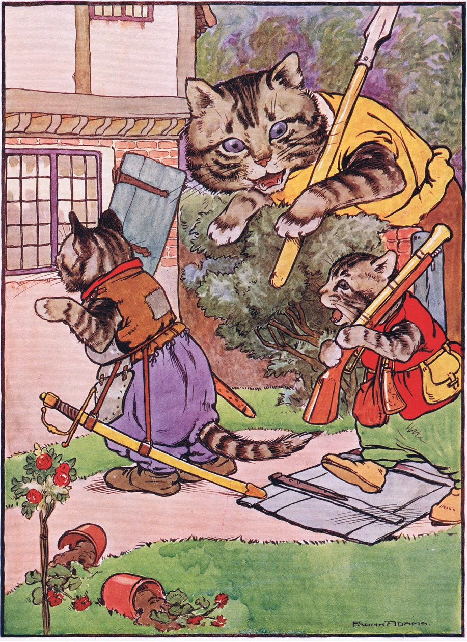Kissa pentuineen hiipii taloon, kuvitus Charles H. Bennettin teoksesta "The Frog would a Wooing Go", 1916 tekijältä Frank Adams