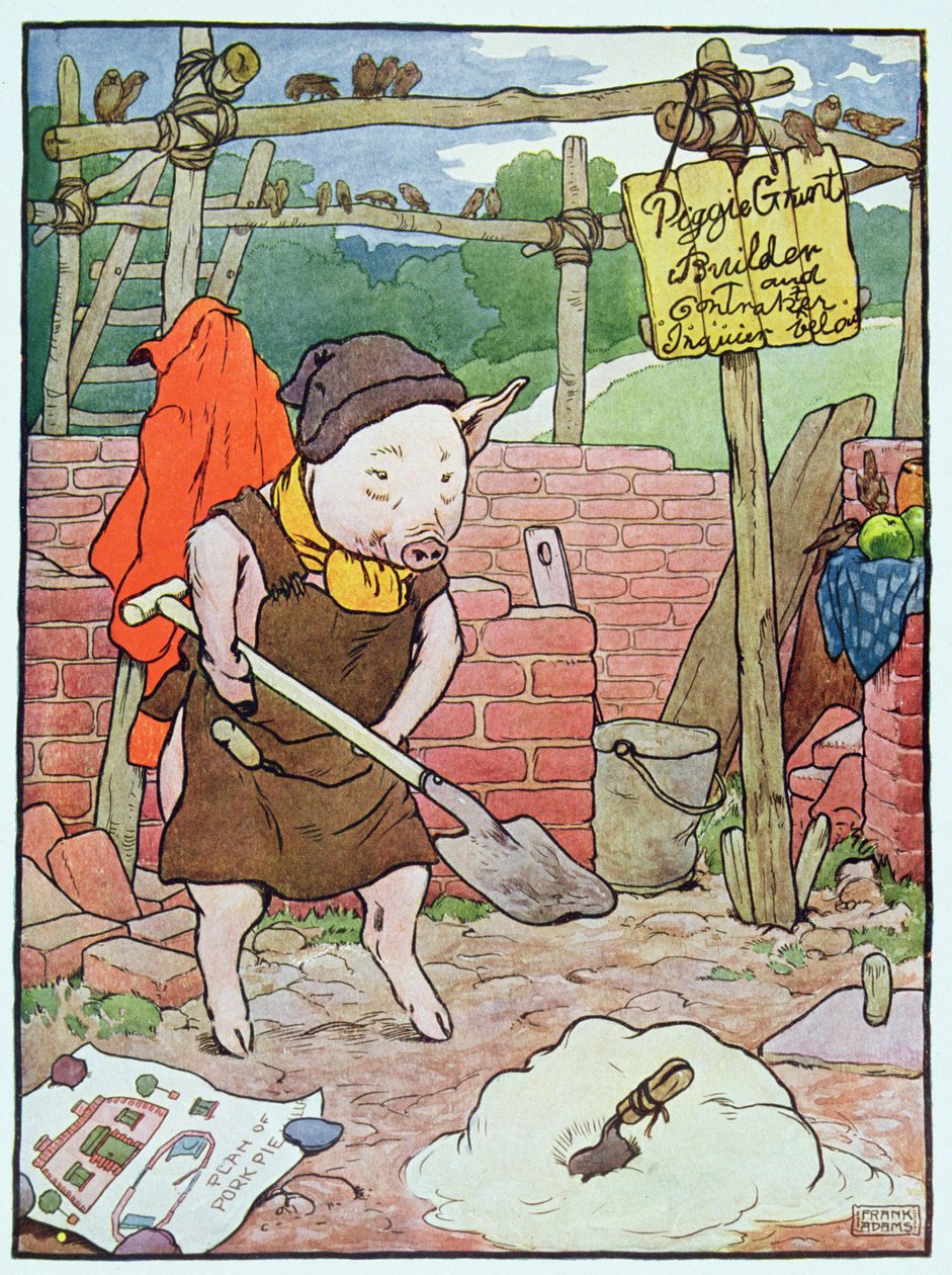 "Ja pieni sika rakensi tiilistä talon", kuva "Kolme pientä porsasta", julkaistu 1930-luvulla tekijältä Frank Adams