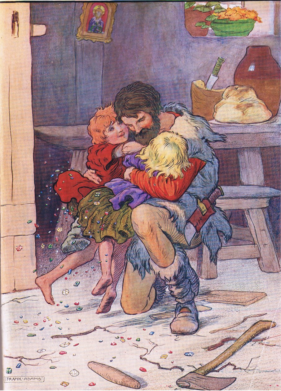 Oven auki räjäyttämällä he syöksyivät isänsä syliin. Hansel and Gretel, Blackie & Son Limitedin julkaisema, n. 1940. tekijältä Frank Adams