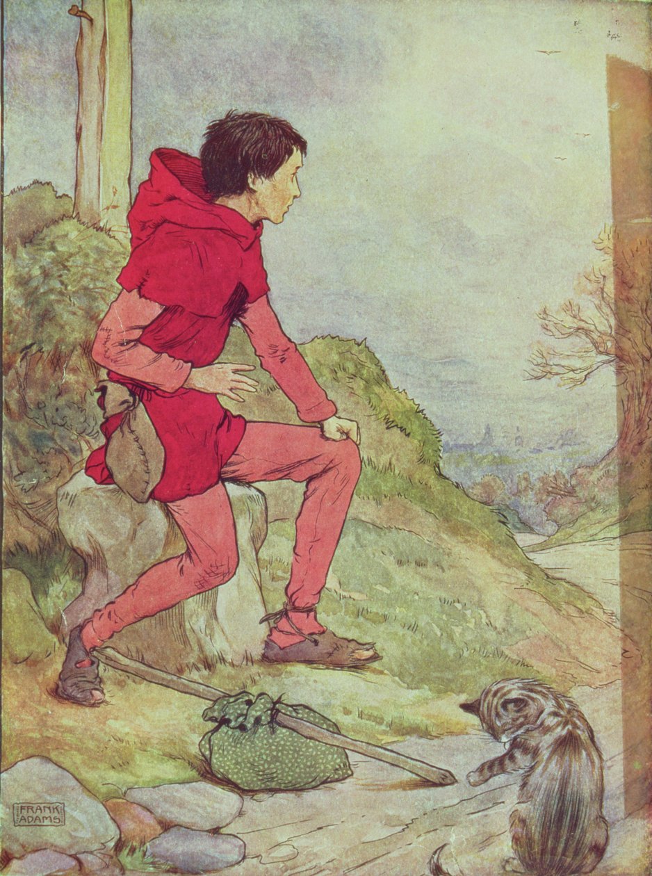 Dick Whittington matkalla Lontooseen My Nursery Story Book -pubista. kirjoittanut Blackie und Son (kirjan kuvitus) tekijältä Frank Adams