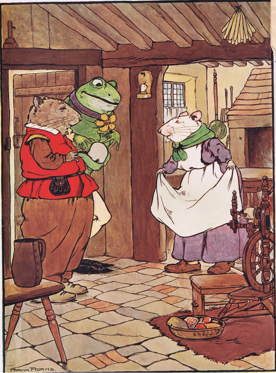 Rukoile Mistress Mouse, oletko sisällä, kuvitus teoksesta "The Frog would a Wooing Go", kirjoittanut Charles H. Bennett, 1916 tekijältä Frank Adams