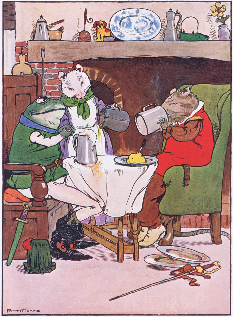 Rukoile Mistress Mouse, annatko meille olutta, kuvitus Charles H. Bennettin teoksesta "The Frog would a Wooing Go", 1916 tekijältä Frank Adams