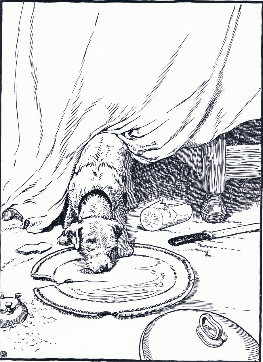 Hän meni kalakauppiaiden luo ostamaan hänelle kalaa, mutta kun hän palasi, hän nuoli lautasta, 1930-luku tekijältä Frank Adams